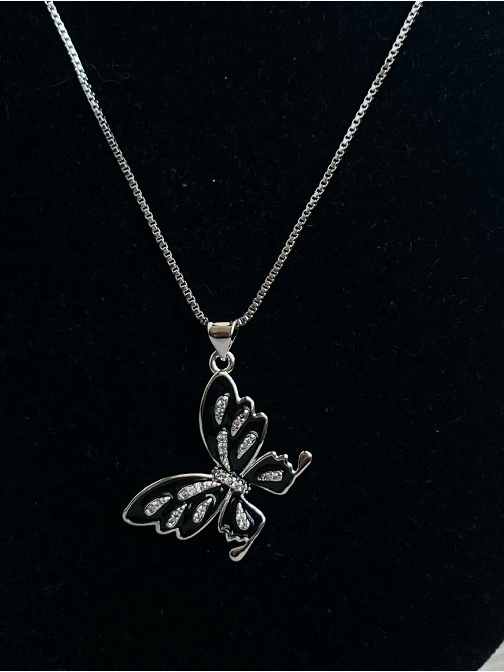 🩷- black and  Silver pavé  Butterfly Pendant Necklace